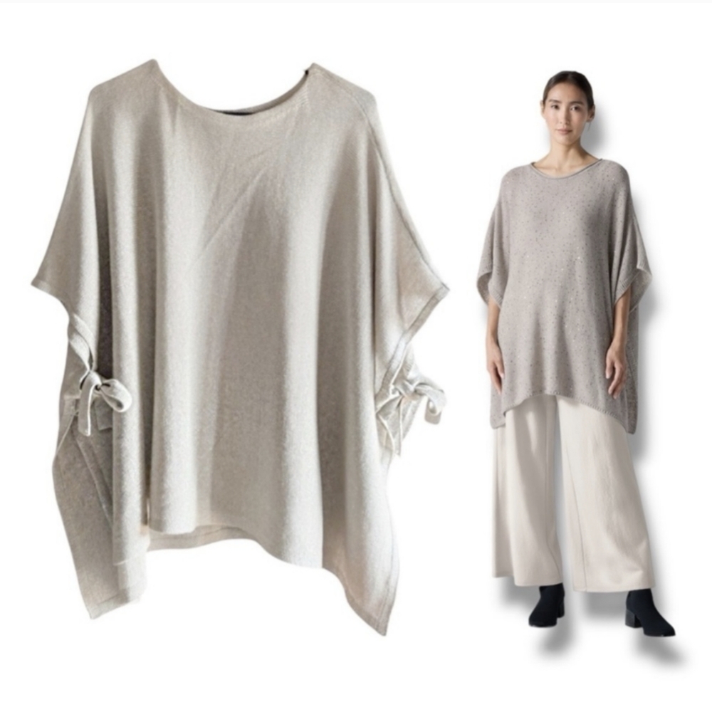 EILEEN FISHER CHAMPAGNE NEUTRAL 
SHIMMER METALLIC KNIT TOP
PONCHO OS L XL XXL
